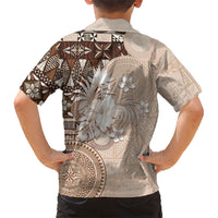 Tonga Ngatu Motifs Family Matching Short Sleeve Bodycon Dress and Hawaiian Shirt With Coat Of Arms Beige LT05 - Polynesian Pride