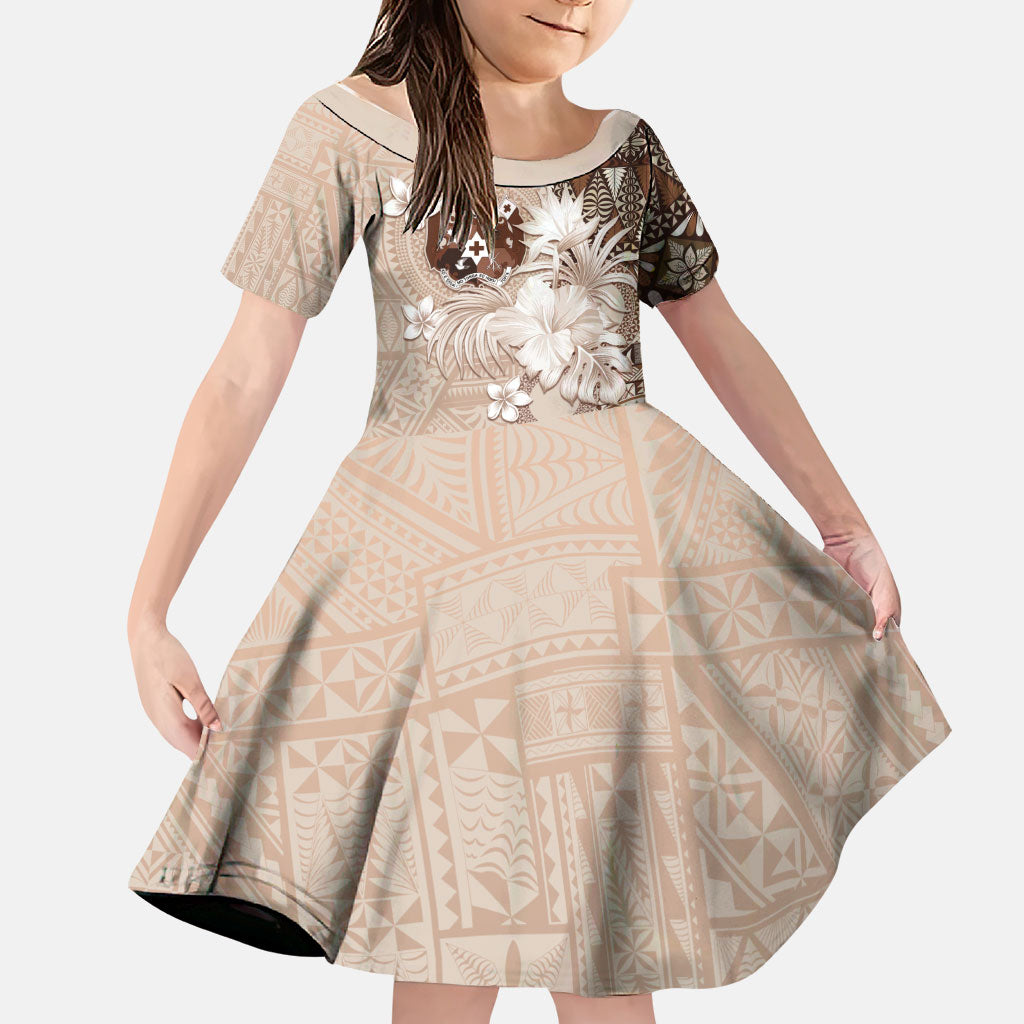 Tonga Ngatu Motifs Family Matching Short Sleeve Bodycon Dress and Hawaiian Shirt With Coat Of Arms Beige LT05 Daughter's Dress Beige - Polynesian Pride
