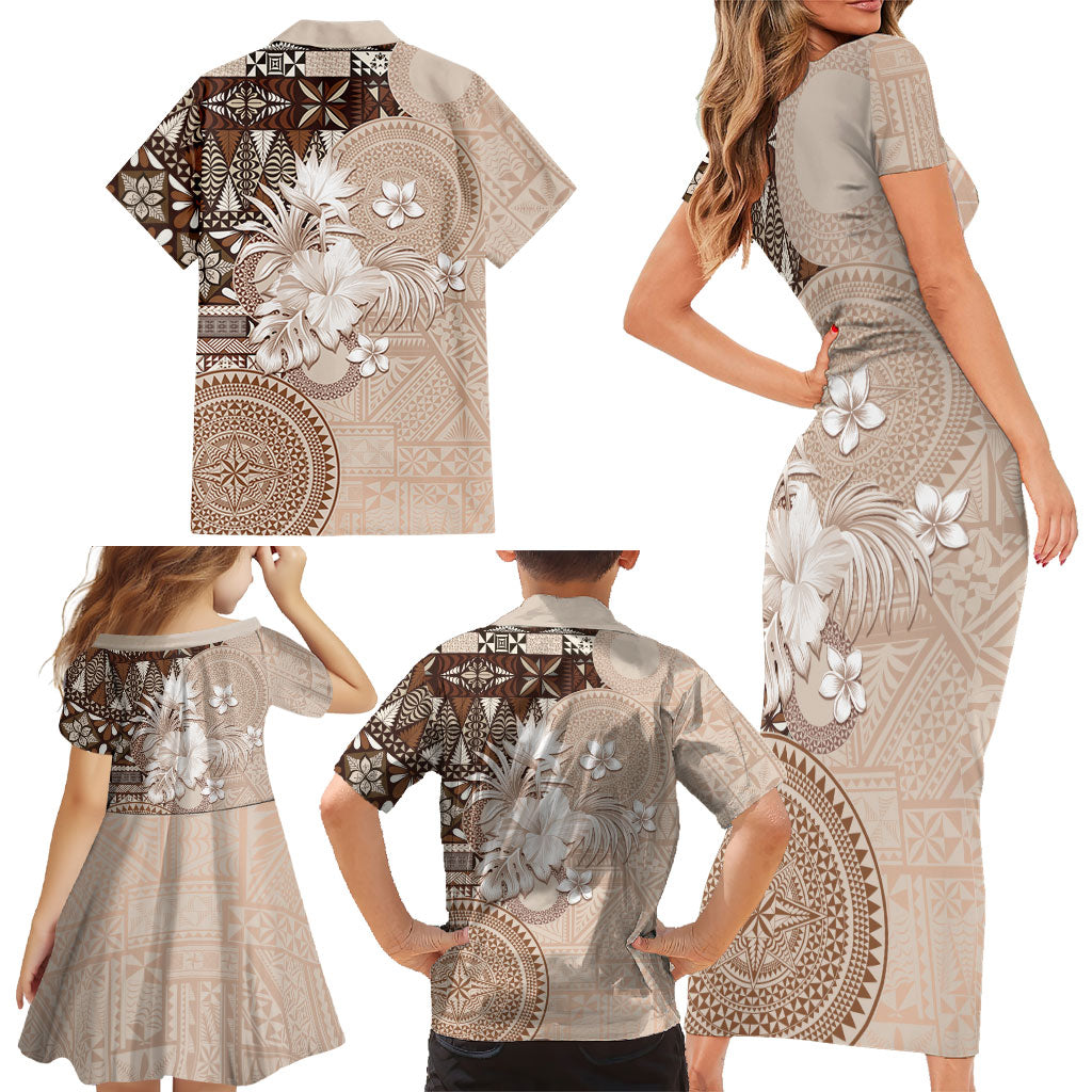 Tonga Ngatu Motifs Family Matching Short Sleeve Bodycon Dress and Hawaiian Shirt With Coat Of Arms Beige LT05 - Polynesian Pride