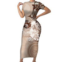 Tonga Ngatu Motifs Family Matching Short Sleeve Bodycon Dress and Hawaiian Shirt With Coat Of Arms Beige LT05 Mom's Dress Beige - Polynesian Pride