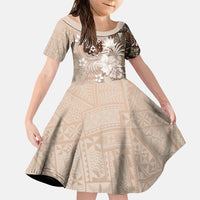 Tonga Ngatu Motifs Family Matching Summer Maxi Dress and Hawaiian Shirt With Coat Of Arms Beige LT05 Daughter's Dress Beige - Polynesian Pride
