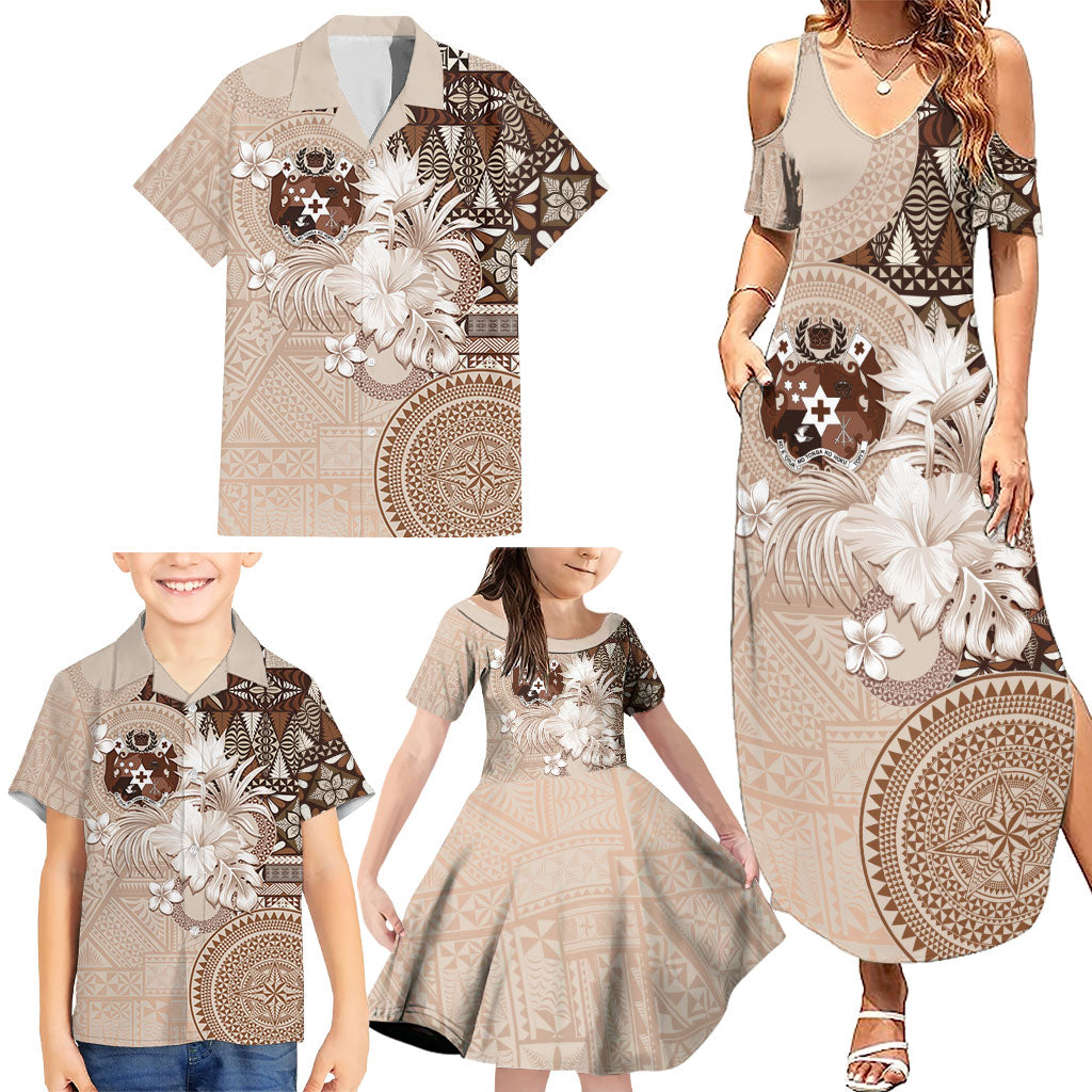 Tonga Ngatu Motifs Family Matching Summer Maxi Dress and Hawaiian Shirt With Coat Of Arms Beige LT05 - Polynesian Pride