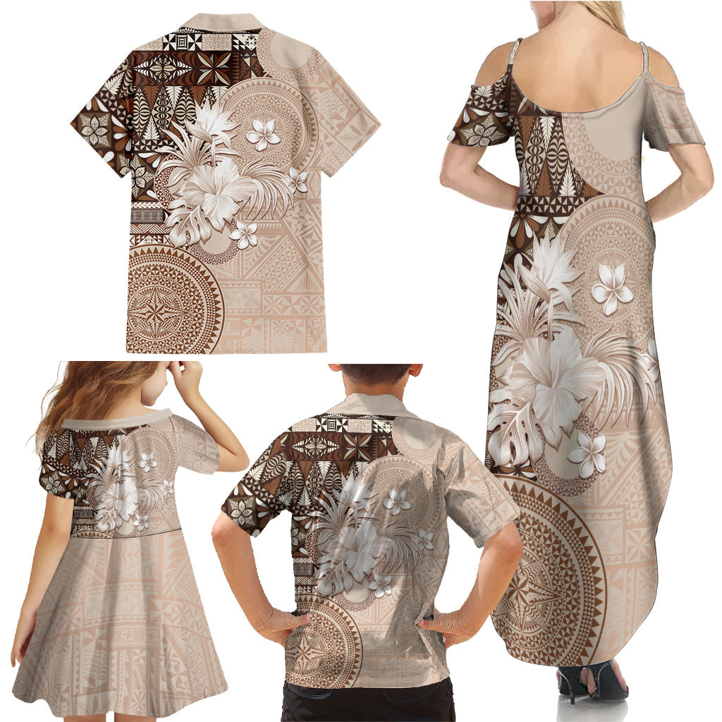 Tonga Ngatu Motifs Family Matching Summer Maxi Dress and Hawaiian Shirt With Coat Of Arms Beige LT05 - Polynesian Pride