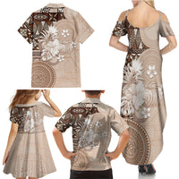 Tonga Ngatu Motifs Family Matching Summer Maxi Dress and Hawaiian Shirt With Coat Of Arms Beige LT05 - Polynesian Pride