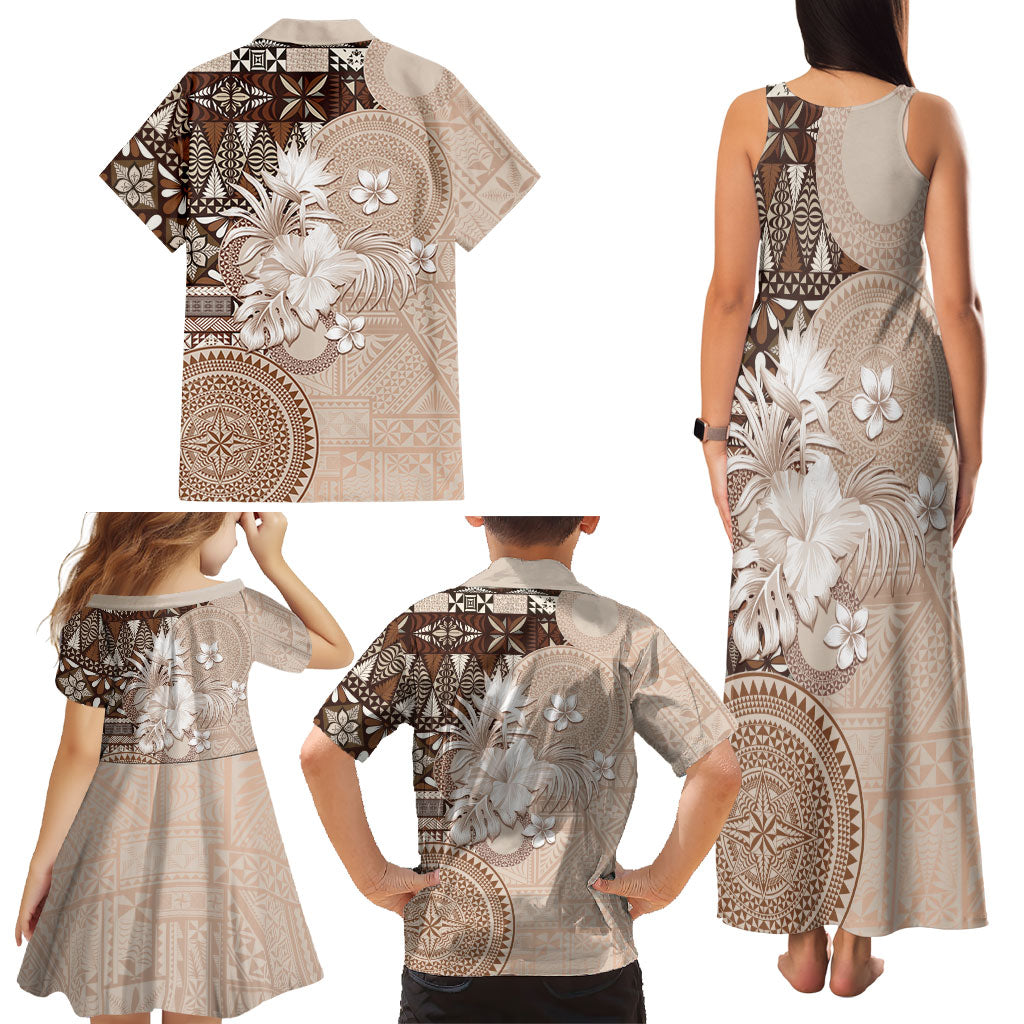 Tonga Ngatu Motifs Family Matching Tank Maxi Dress and Hawaiian Shirt With Coat Of Arms Beige LT05 - Polynesian Pride