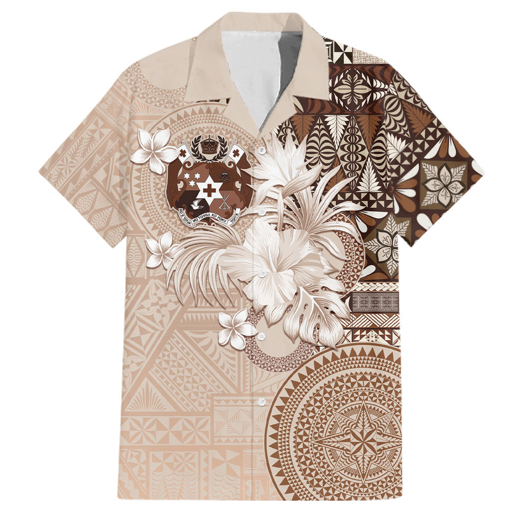 Tonga Ngatu Motifs Family Matching Tank Maxi Dress and Hawaiian Shirt With Coat Of Arms Beige LT05 Dad's Shirt - Short Sleeve Beige - Polynesian Pride