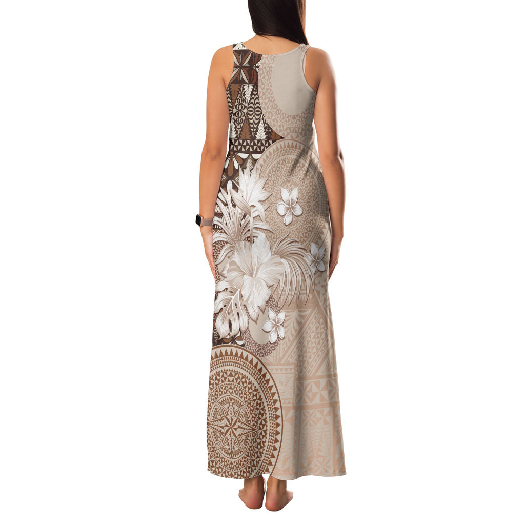 Tonga Ngatu Motifs Family Matching Tank Maxi Dress and Hawaiian Shirt With Coat Of Arms Beige LT05 - Polynesian Pride