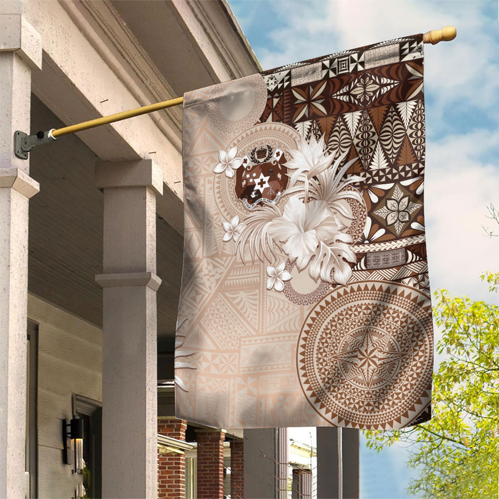 Tonga Ngatu Motifs Garden Flag With Coat Of Arms Beige