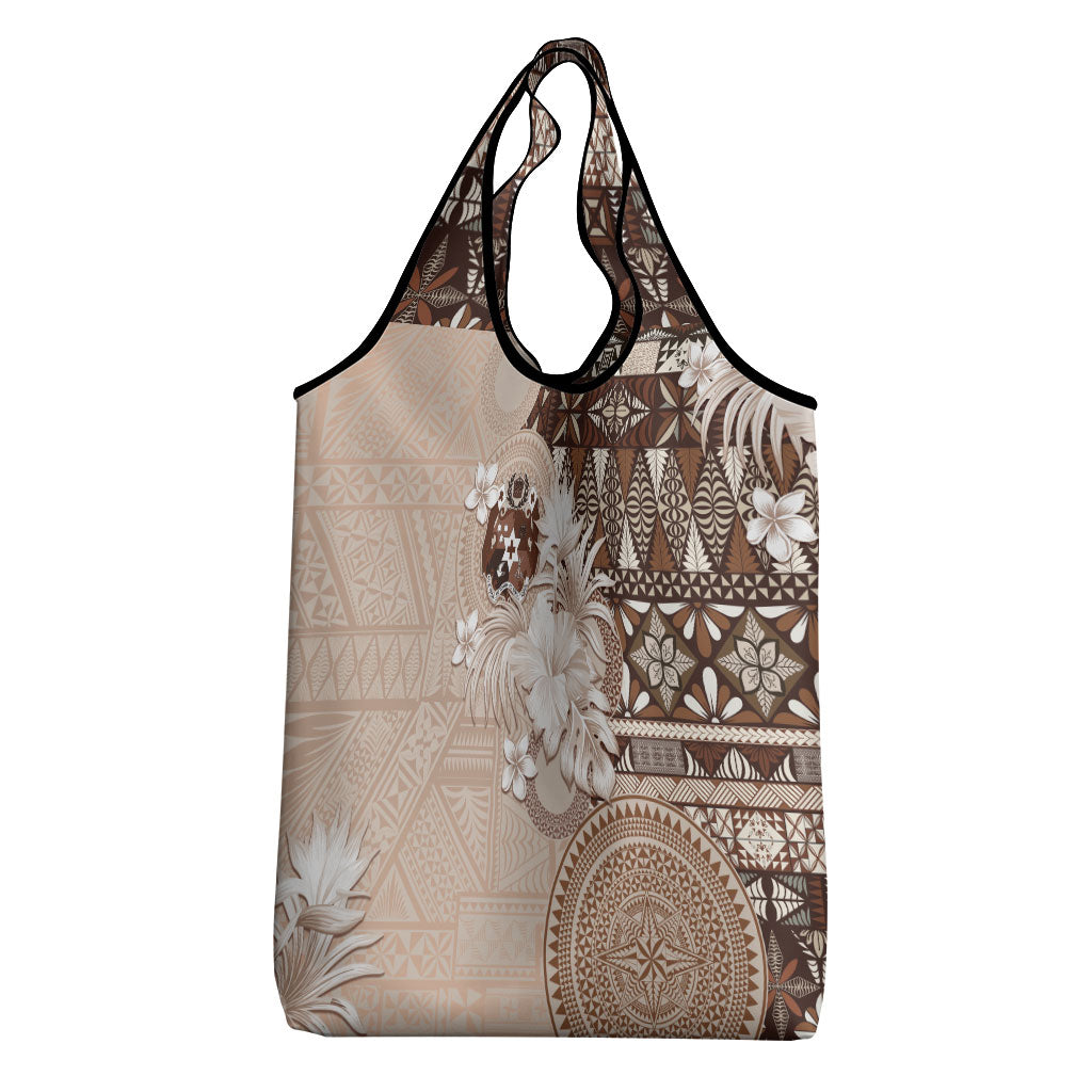 Tonga Ngatu Motifs Grocery Bag With Coat Of Arms Beige