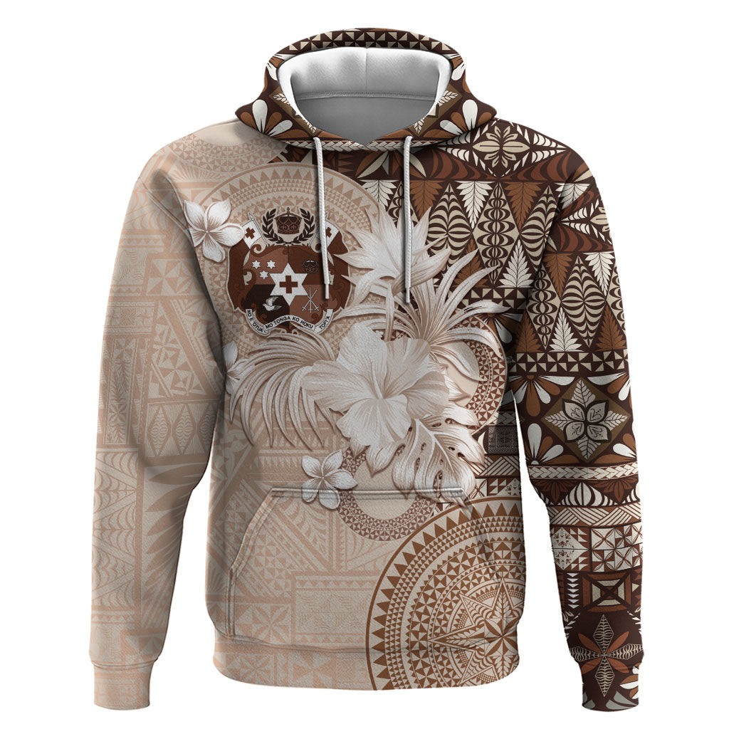 Tonga Ngatu Motifs Hoodie With Coat Of Arms Beige