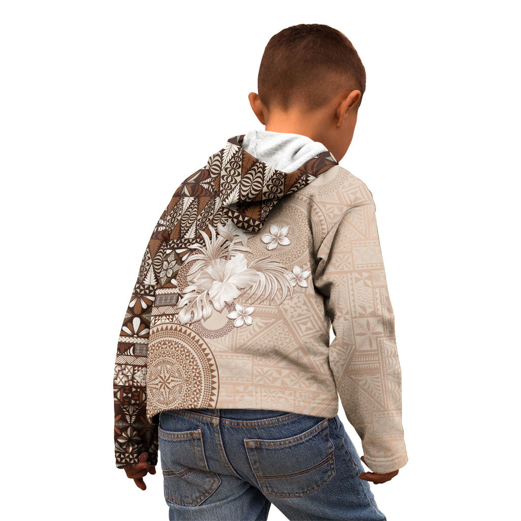 Tonga Ngatu Motifs Kid Hoodie With Coat Of Arms Beige