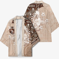 Tonga Ngatu Motifs Kimono With Coat Of Arms Beige