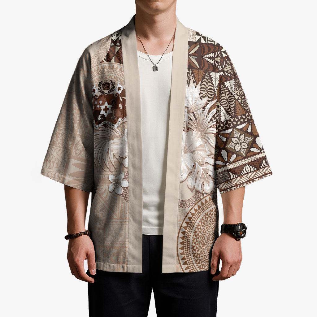 Tonga Ngatu Motifs Kimono With Coat Of Arms Beige