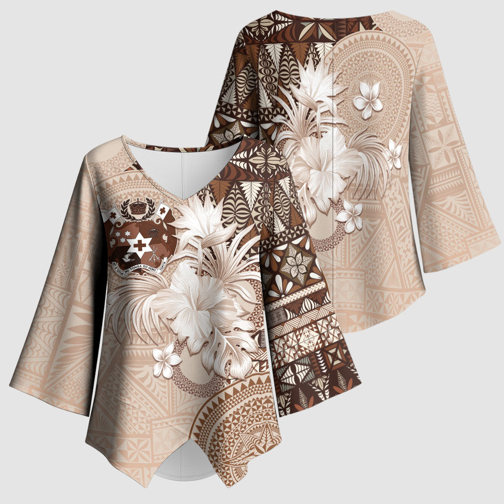 Tonga Ngatu Motifs Kimono Sleeve Blouse With Coat Of Arms Beige