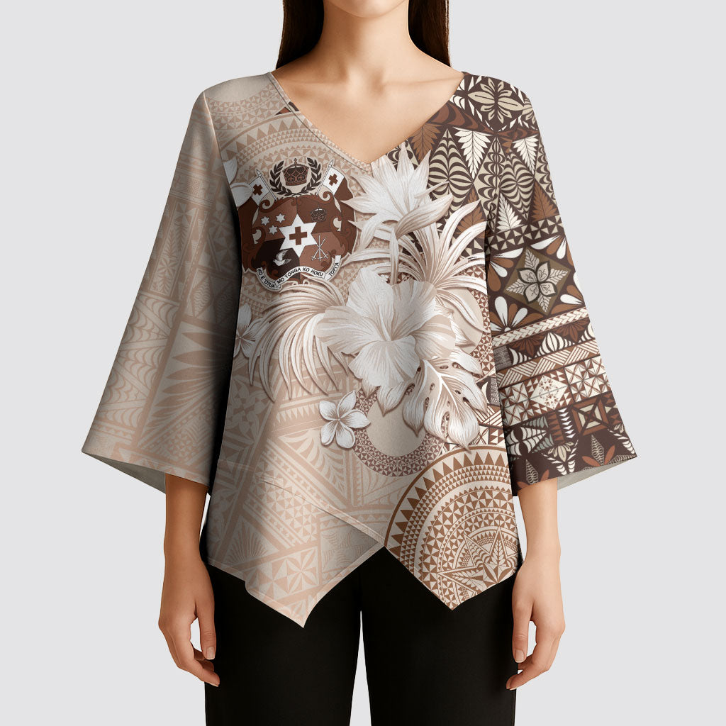 Tonga Ngatu Motifs Kimono Sleeve Blouse With Coat Of Arms Beige