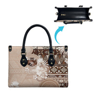 Tonga Ngatu Motifs Leather Bag With Coat Of Arms Beige