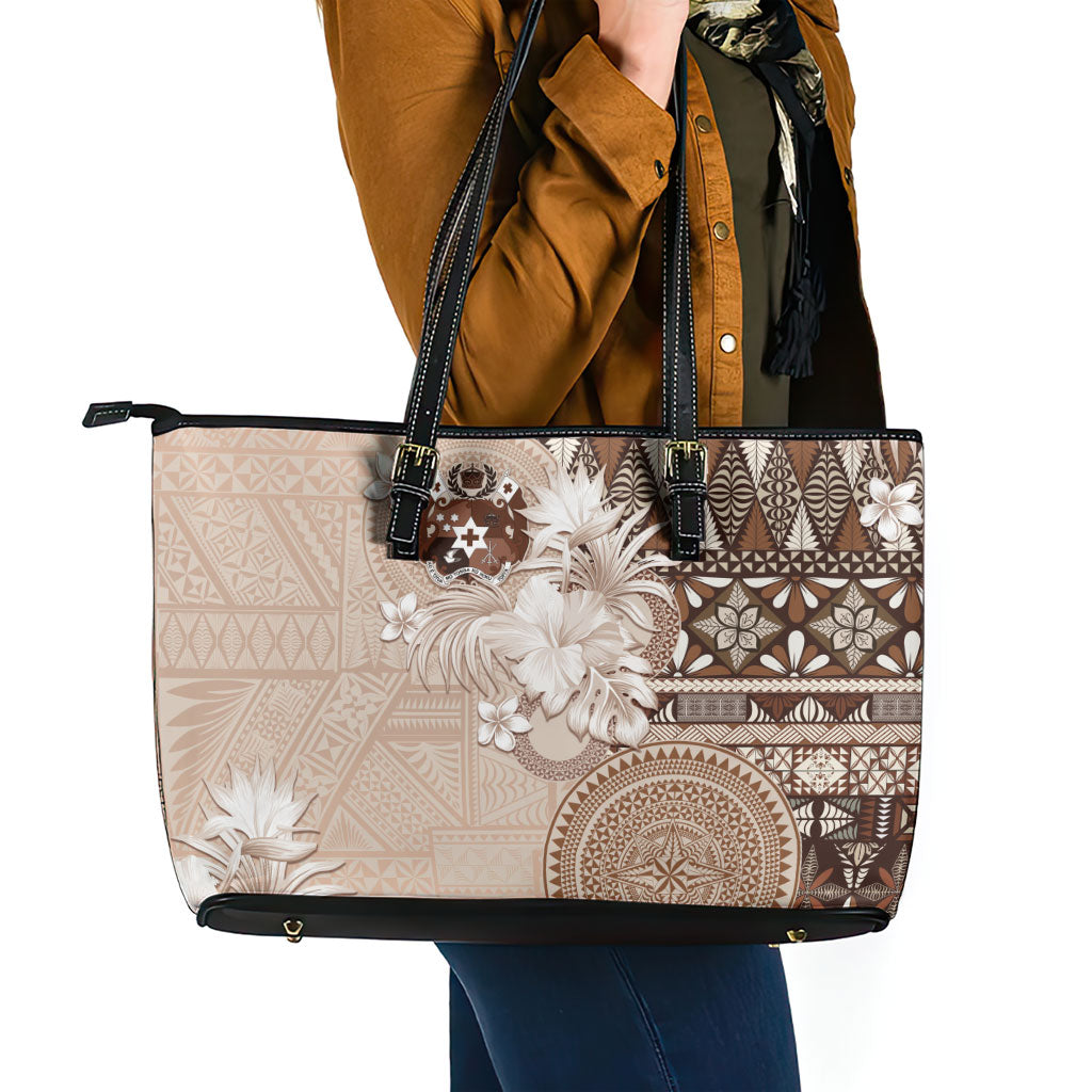Tonga Ngatu Motifs Leather Tote Bag With Coat Of Arms Beige
