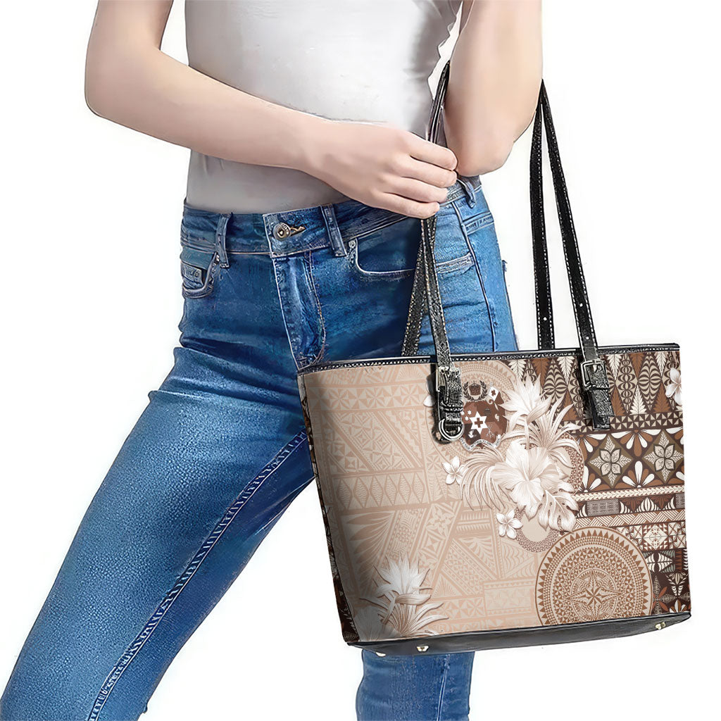 Tonga Ngatu Motifs Leather Tote Bag With Coat Of Arms Beige