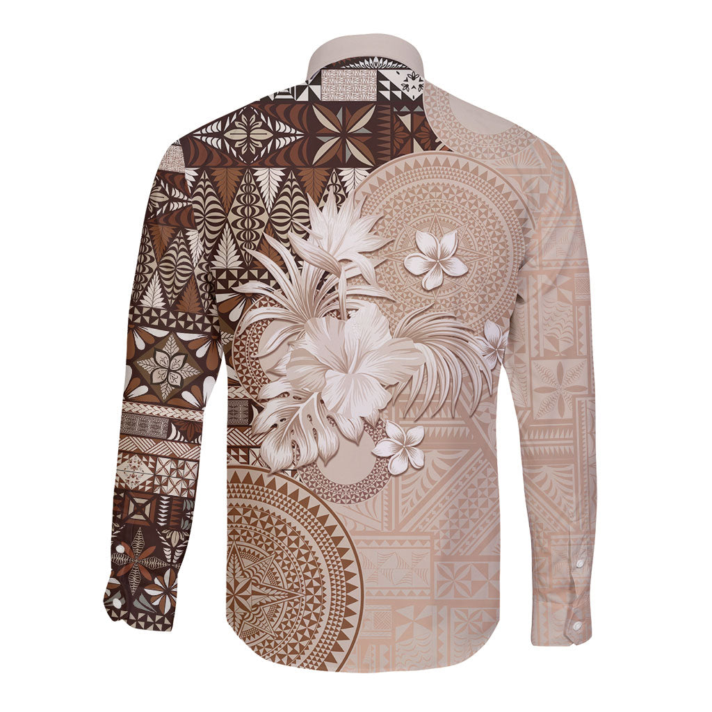 Tonga Ngatu Motifs Long Sleeve Button Shirt With Coat Of Arms Beige