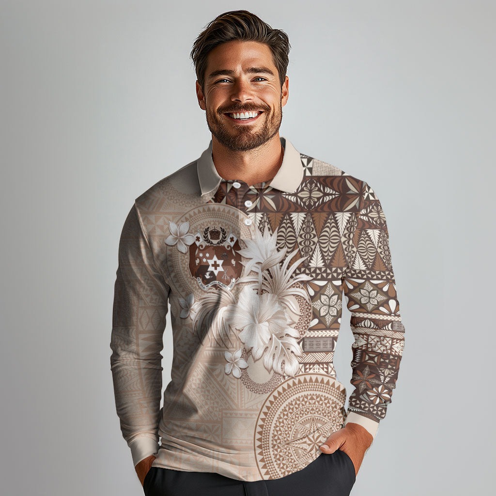 Tonga Ngatu Motifs Long Sleeve Polo Shirt With Coat Of Arms Beige