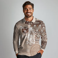 Tonga Ngatu Motifs Long Sleeve Polo Shirt With Coat Of Arms Beige