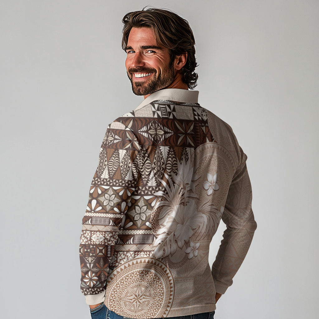 Tonga Ngatu Motifs Long Sleeve Polo Shirt With Coat Of Arms Beige