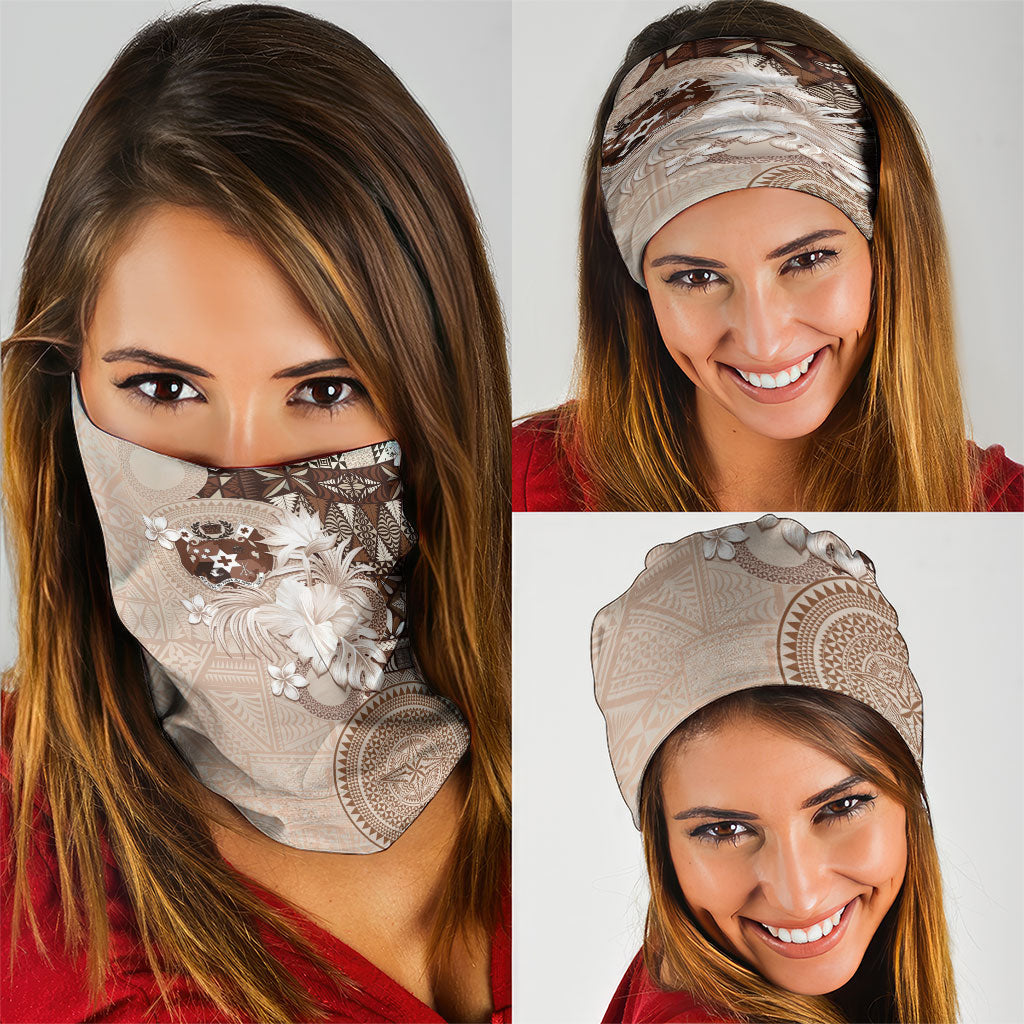Tonga Ngatu Motifs Neck Gaiter With Coat Of Arms Beige