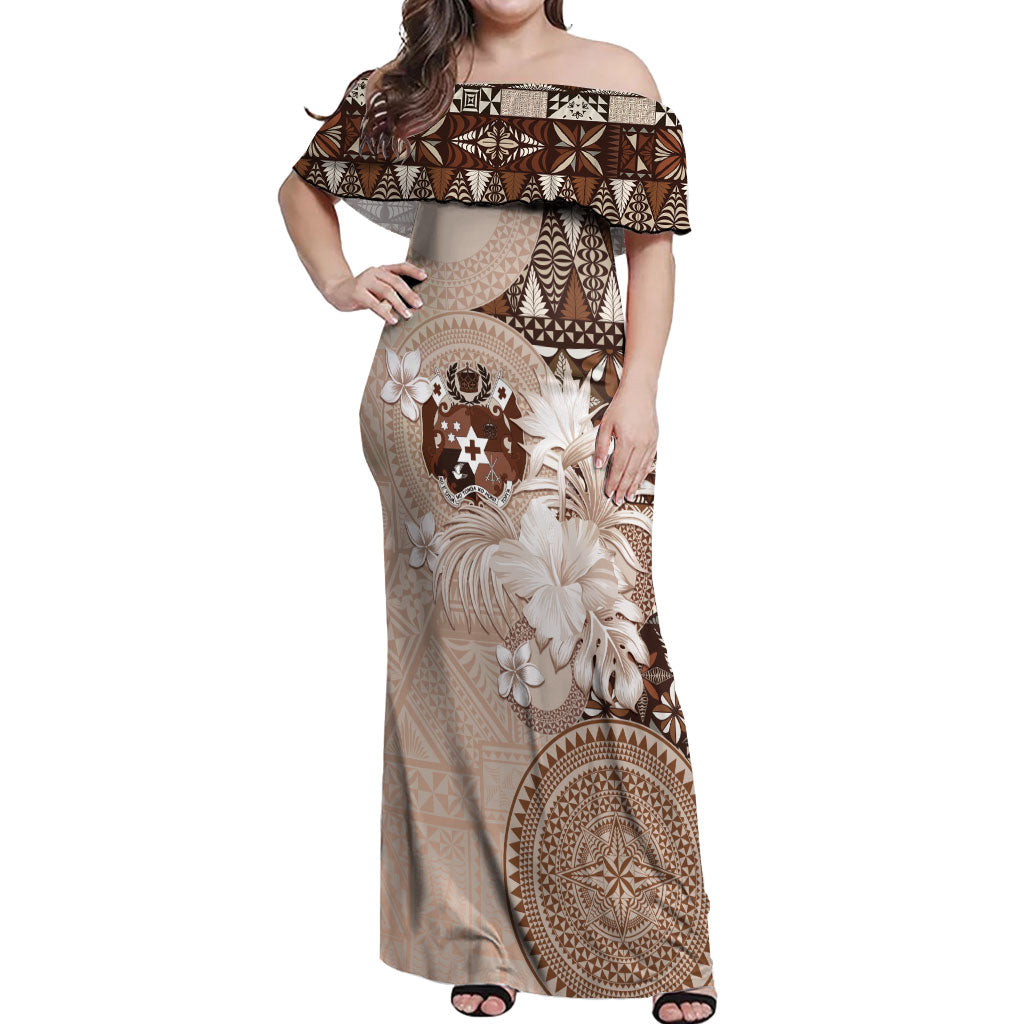 Tonga Ngatu Motifs Off Shoulder Maxi Dress With Coat Of Arms Beige