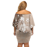 Tonga Ngatu Motifs Off Shoulder Short Dress With Coat Of Arms Beige