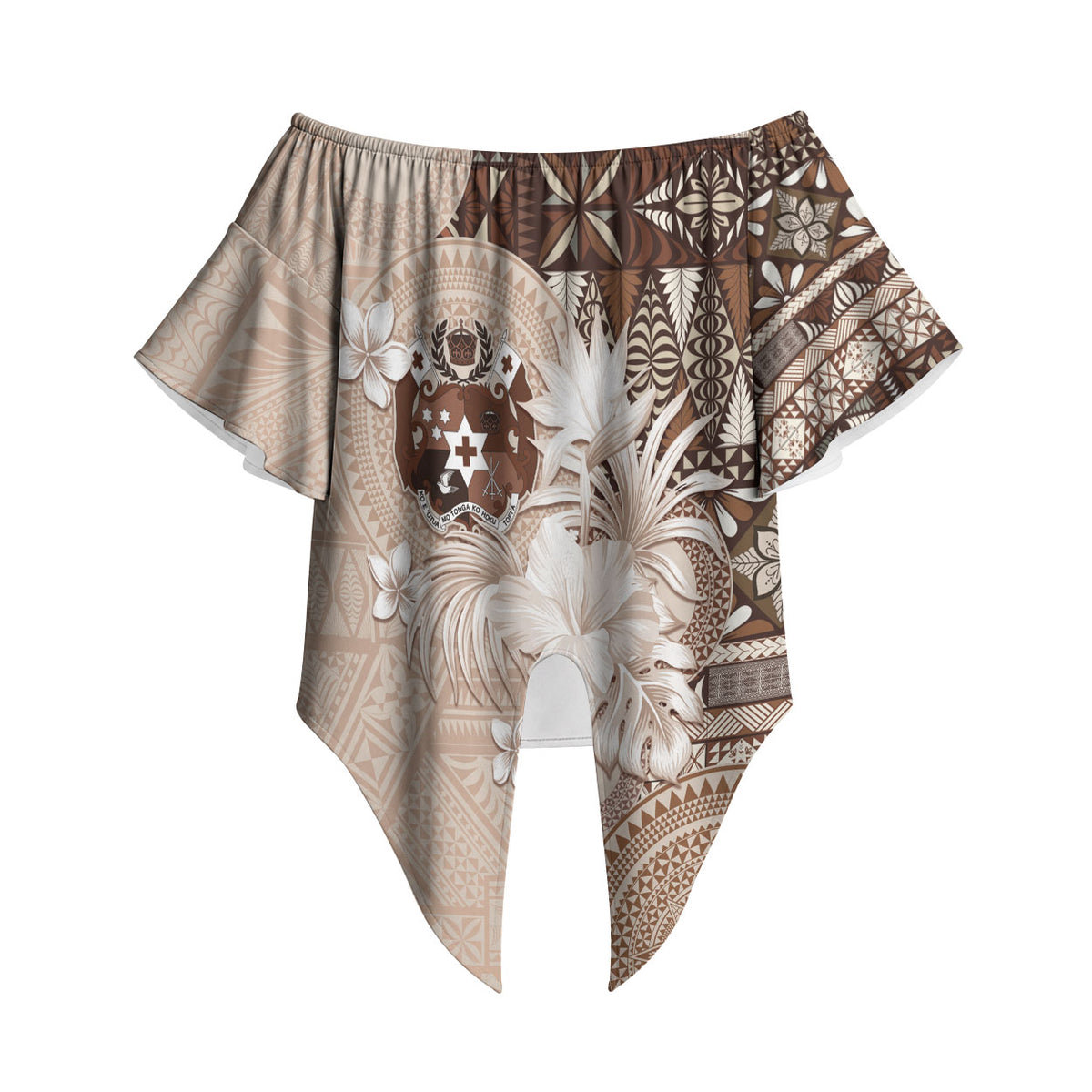 Tonga Ngatu Motifs Off Shoulder Wrap Waist Top With Coat Of Arms Beige LT05 Beige - Polynesian Pride