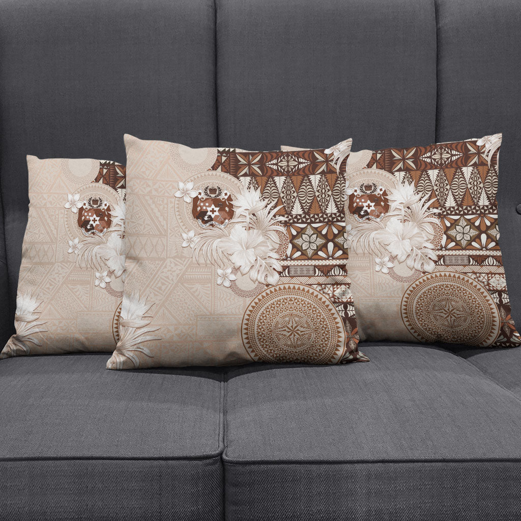 Tonga Ngatu Motifs Pillow Cover With Coat Of Arms Beige