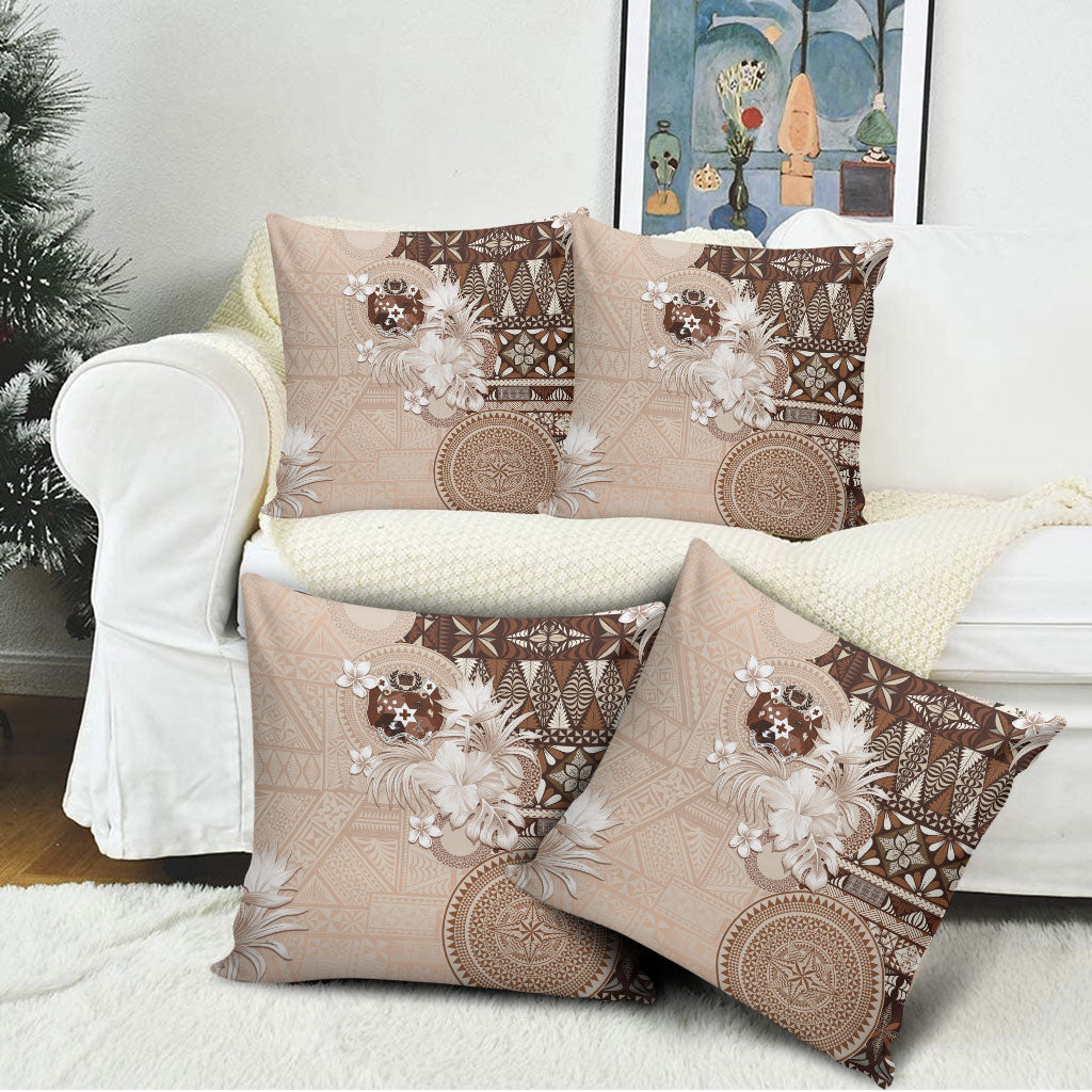 Tonga Ngatu Motifs Pillow Cover With Coat Of Arms Beige