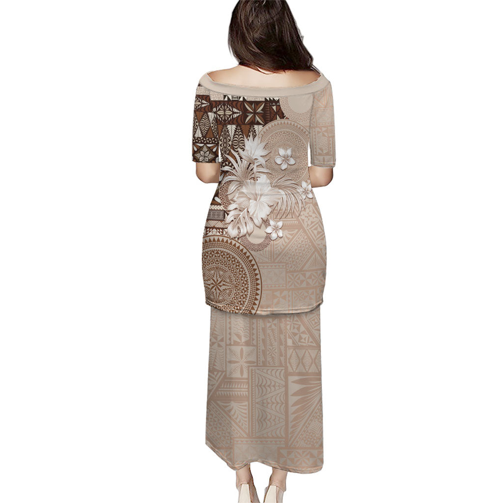 Tonga Ngatu Motifs Puletasi With Coat Of Arms Beige