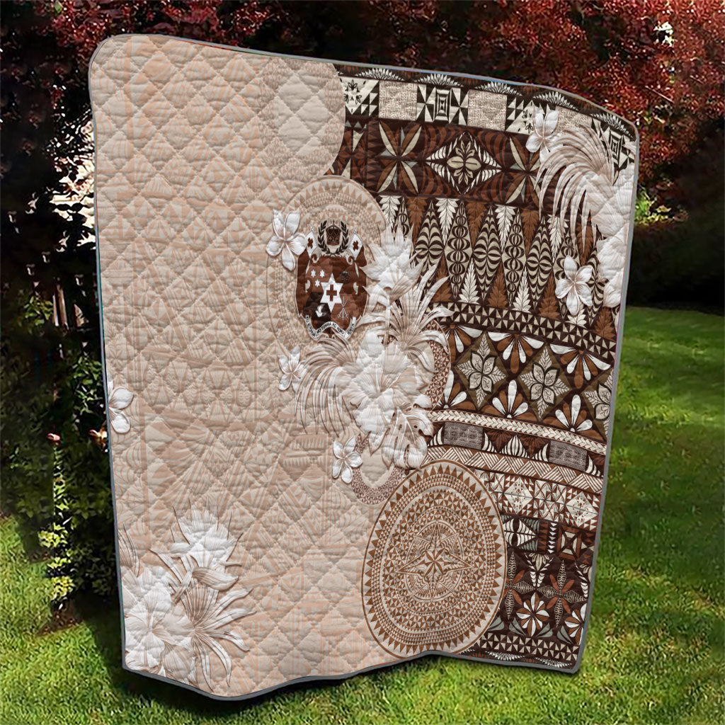 Tonga Ngatu Motifs Quilt With Coat Of Arms Beige