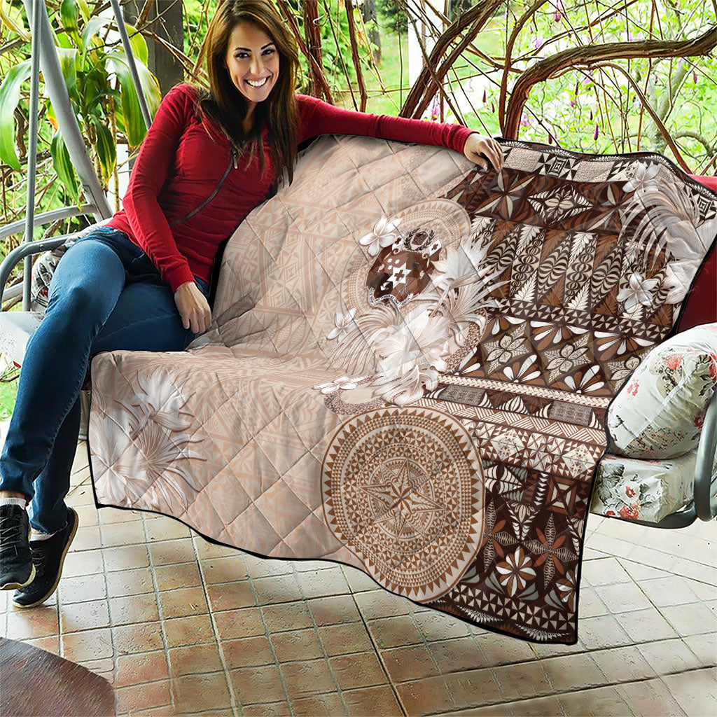 Tonga Ngatu Motifs Quilt With Coat Of Arms Beige