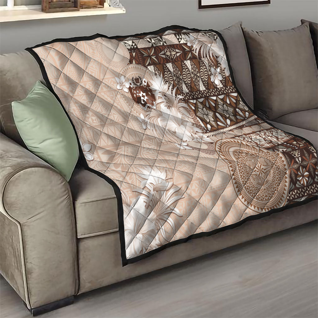 Tonga Ngatu Motifs Quilt With Coat Of Arms Beige