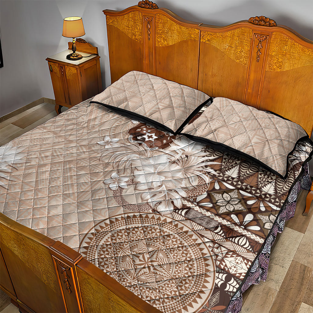 Tonga Ngatu Motifs Quilt Bed Set With Coat Of Arms Beige