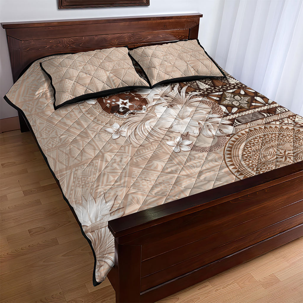 Tonga Ngatu Motifs Quilt Bed Set With Coat Of Arms Beige