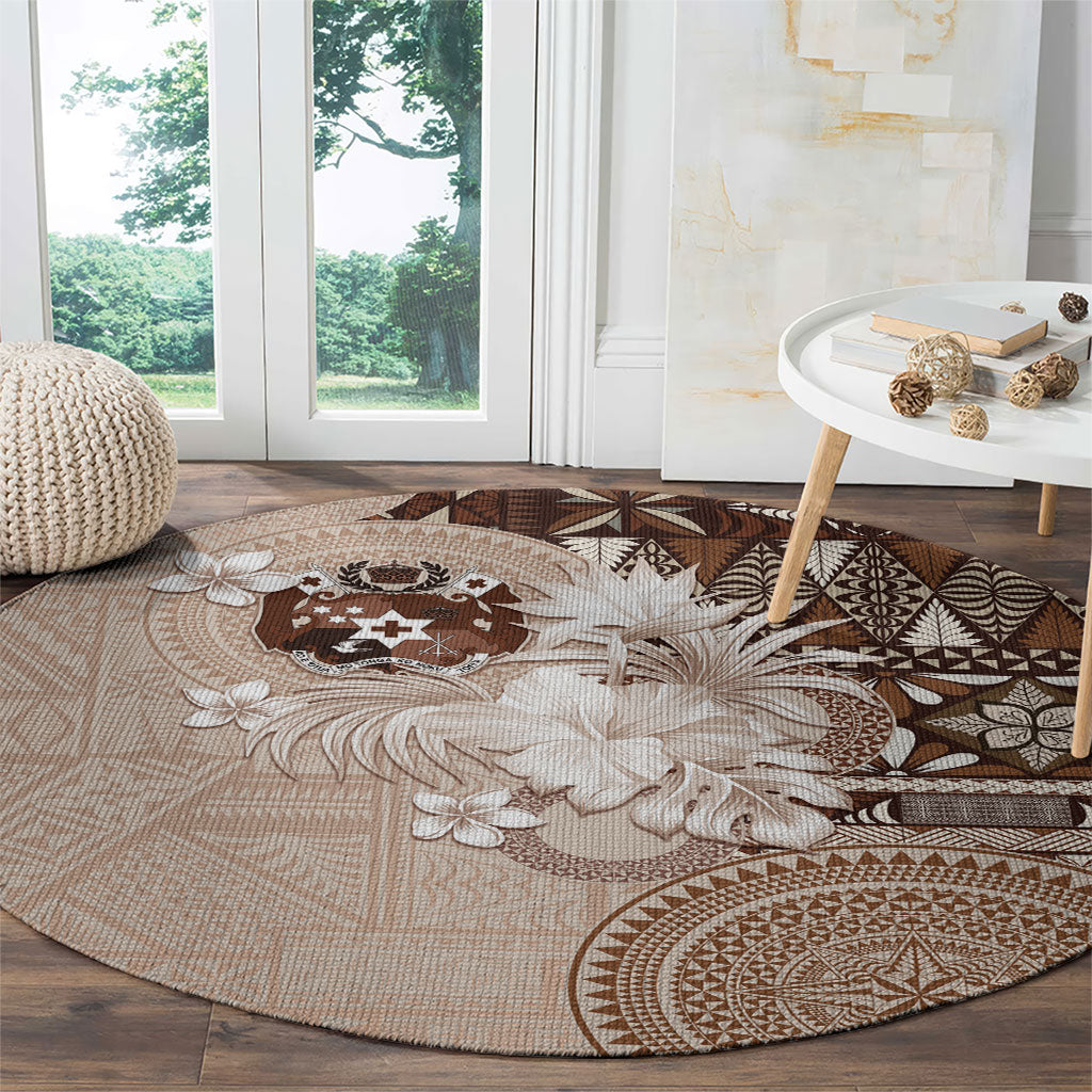 Tonga Ngatu Motifs Round Carpet With Coat Of Arms Beige