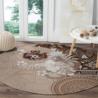 Tonga Ngatu Motifs Round Carpet With Coat Of Arms Beige