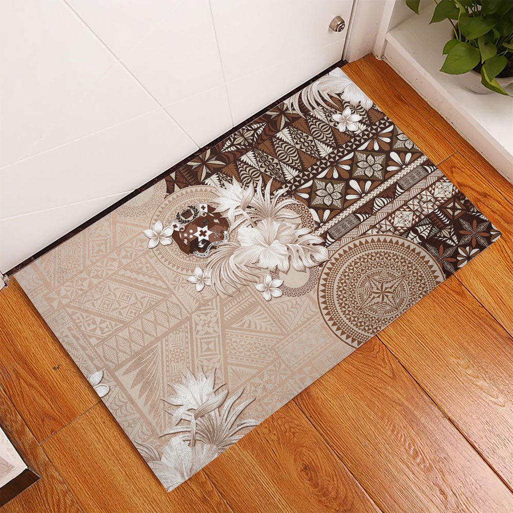 Tonga Ngatu Motifs Rubber Doormat With Coat Of Arms Beige