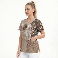 Tonga Ngatu Motifs Scrub Top With Coat Of Arms Beige