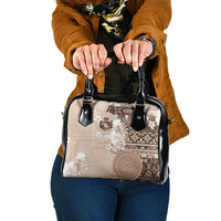 Tonga Ngatu Motifs Shoulder Handbag With Coat Of Arms Beige