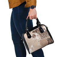 Tonga Ngatu Motifs Shoulder Handbag With Coat Of Arms Beige