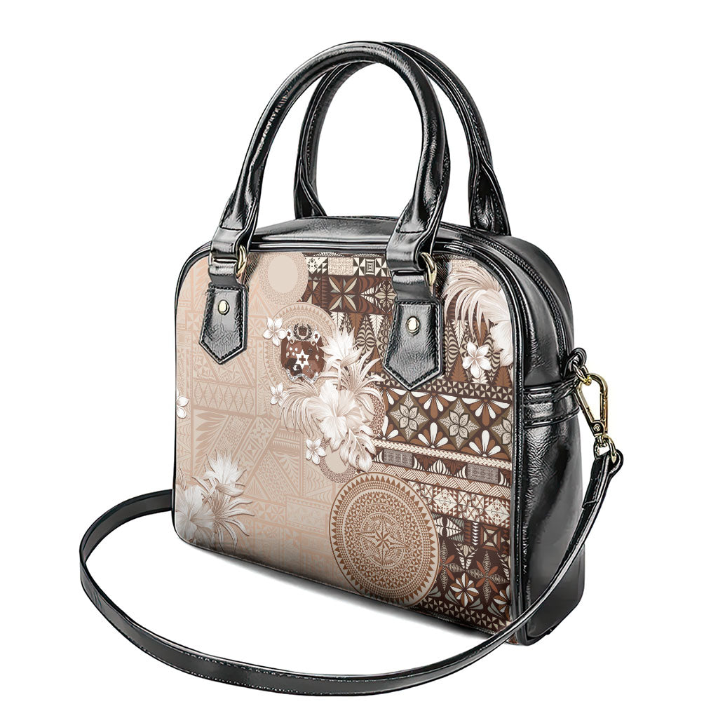 Tonga Ngatu Motifs Shoulder Handbag With Coat Of Arms Beige
