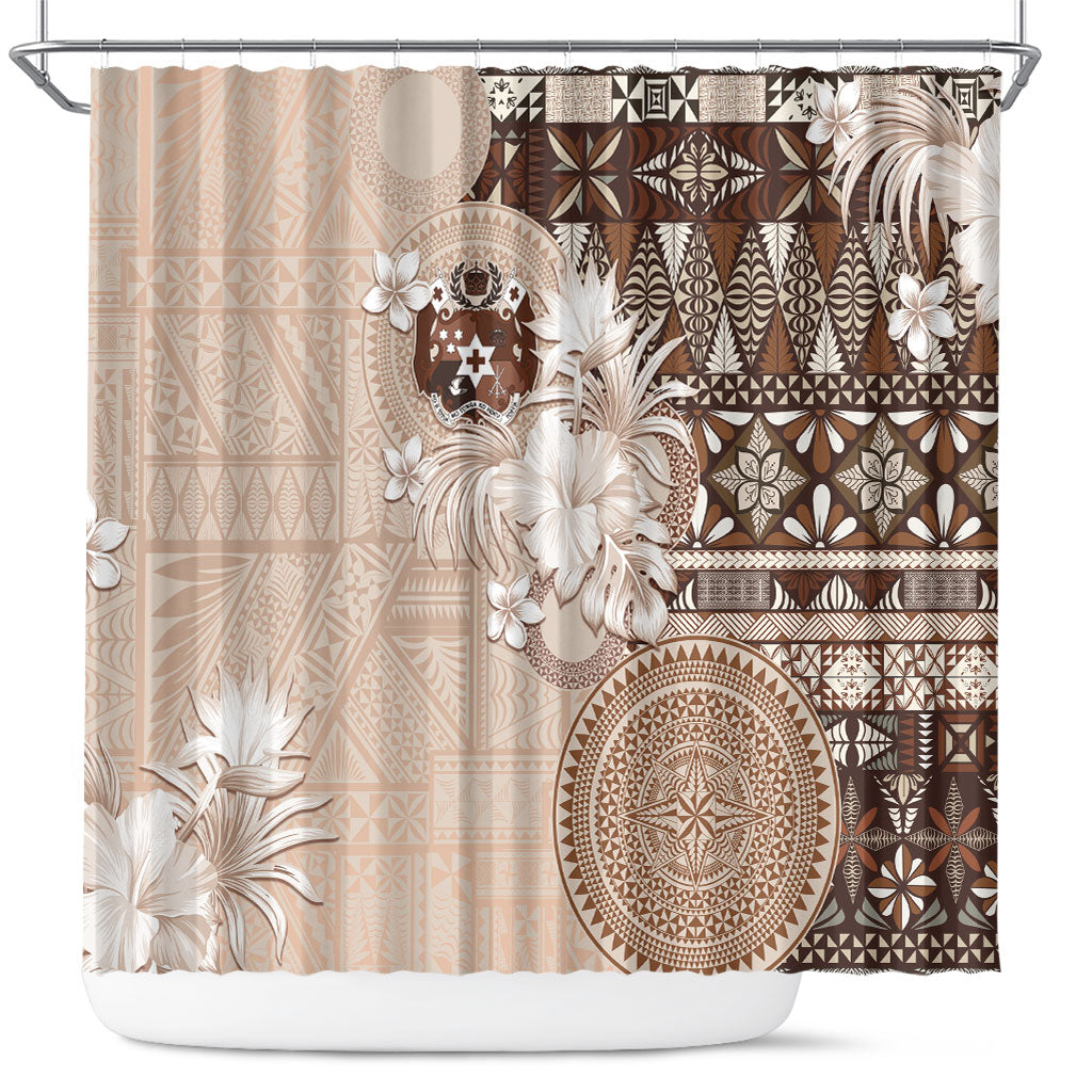 Tonga Ngatu Motifs Shower Curtain With Coat Of Arms Beige