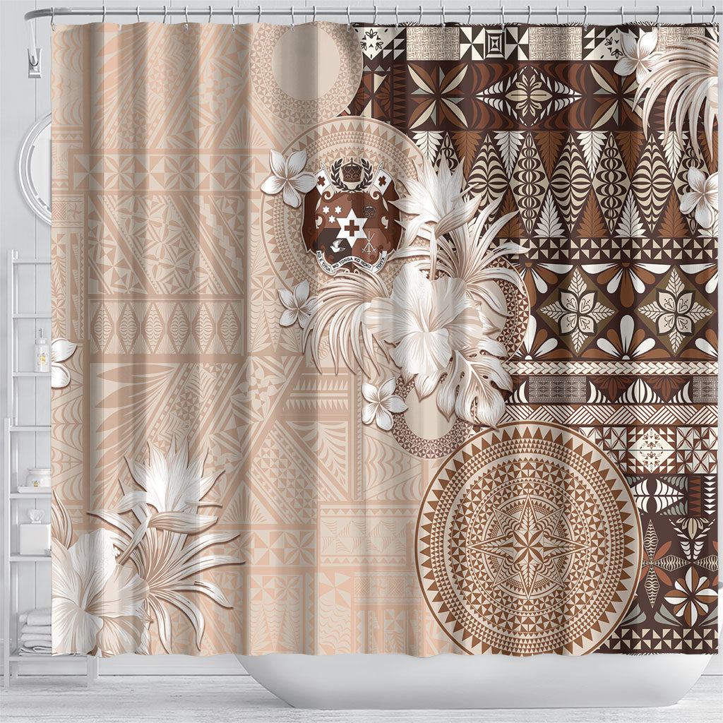 Tonga Ngatu Motifs Shower Curtain With Coat Of Arms Beige