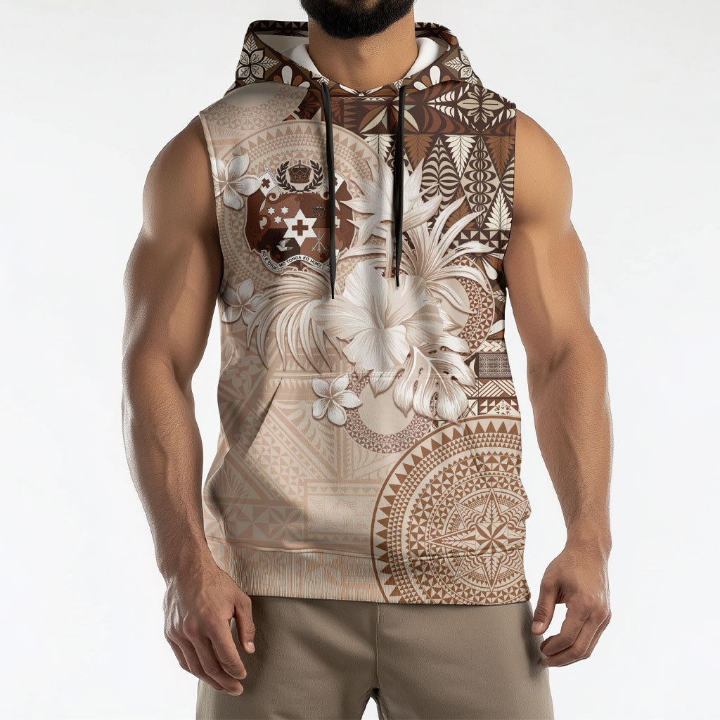Tonga Ngatu Motifs Sleeveless Hoodie With Coat Of Arms Beige