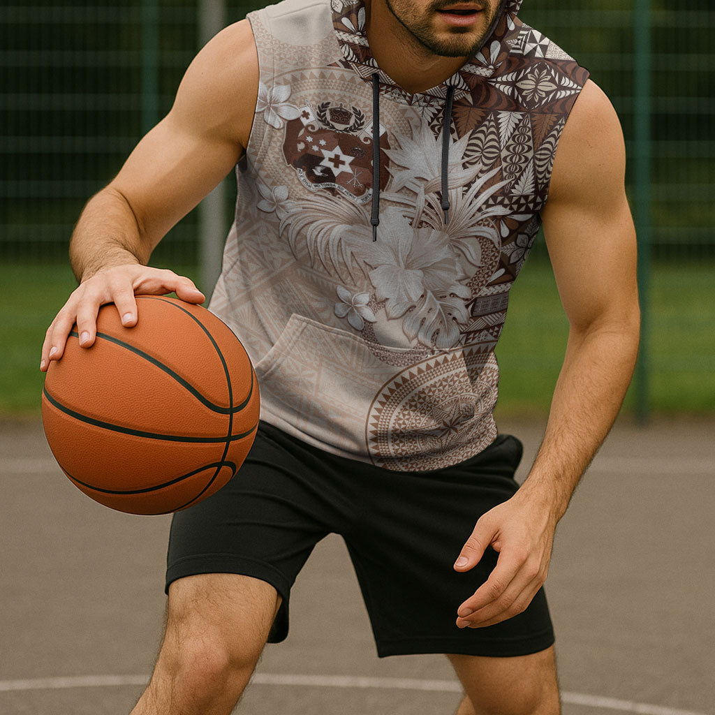 Tonga Ngatu Motifs Sleeveless Hoodie With Coat Of Arms Beige