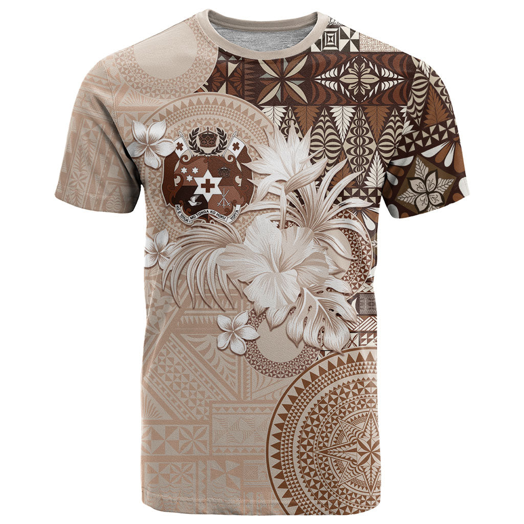 Tonga Ngatu Motifs T Shirt With Coat Of Arms Beige
